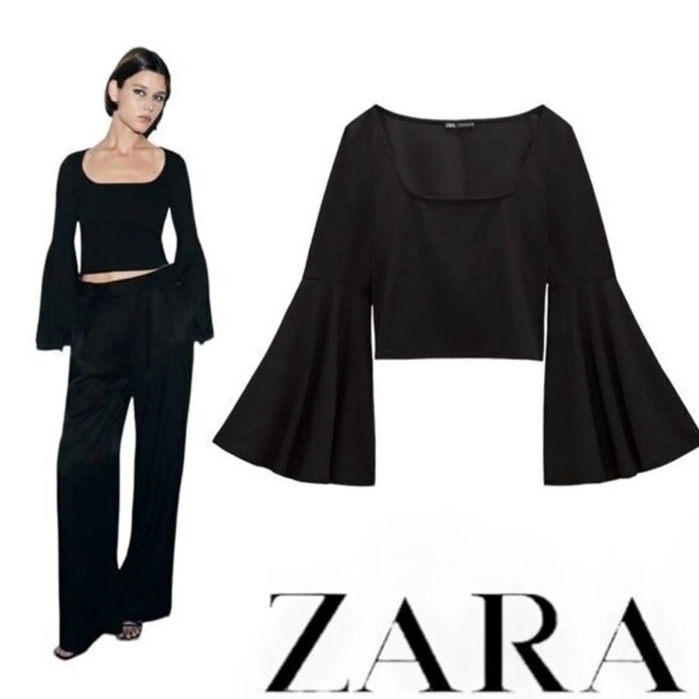 Zara Elegant Black Bell Sleeve Blouse